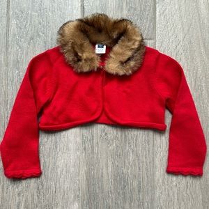 Janie & Jack cropped red sweater with faux fur collar